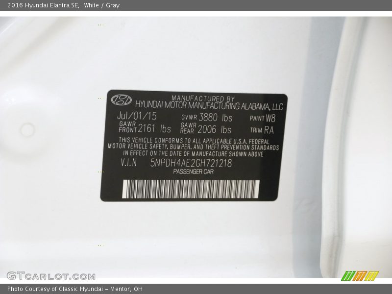 White / Gray 2016 Hyundai Elantra SE
