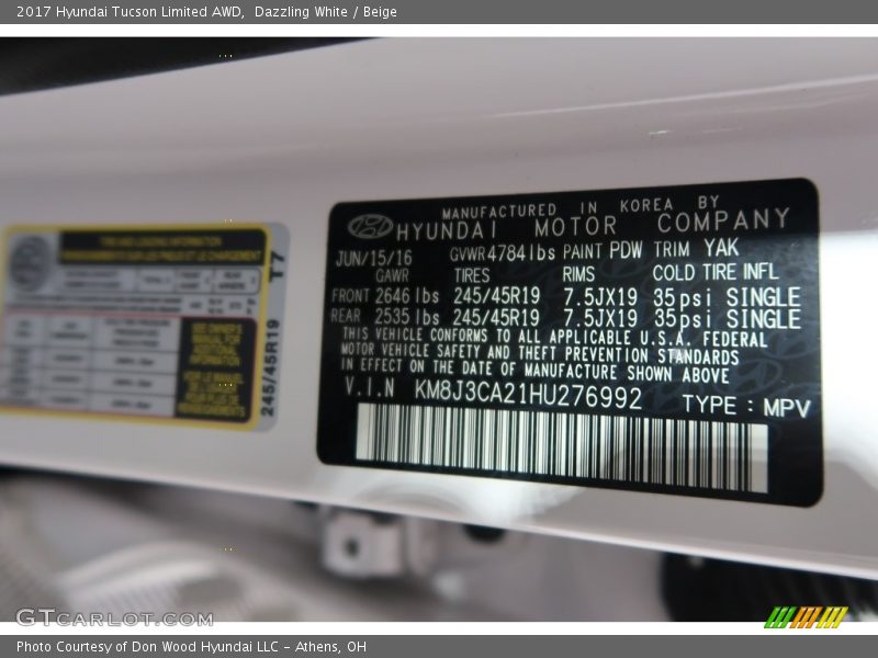 Dazzling White / Beige 2017 Hyundai Tucson Limited AWD
