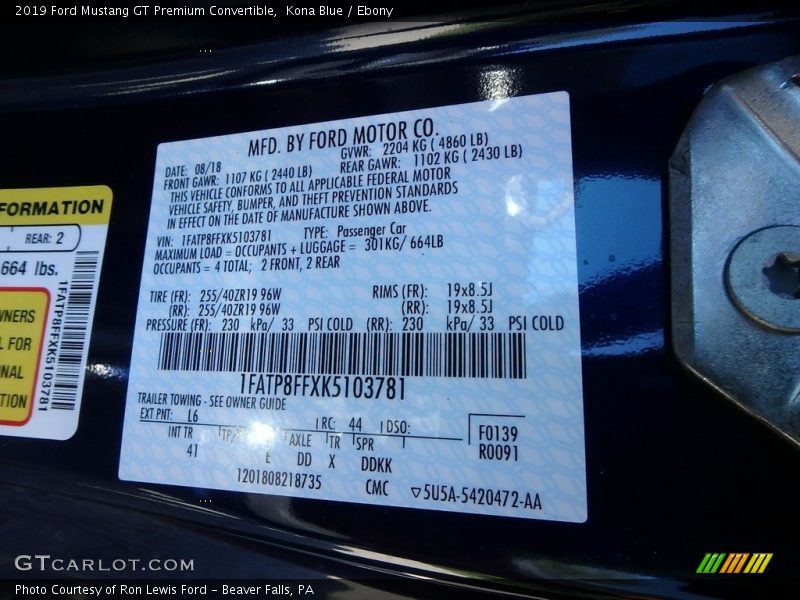 2019 Mustang GT Premium Convertible Kona Blue Color Code L6