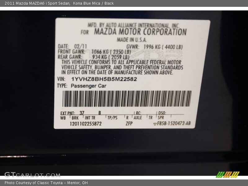 Kona Blue Mica / Black 2011 Mazda MAZDA6 i Sport Sedan