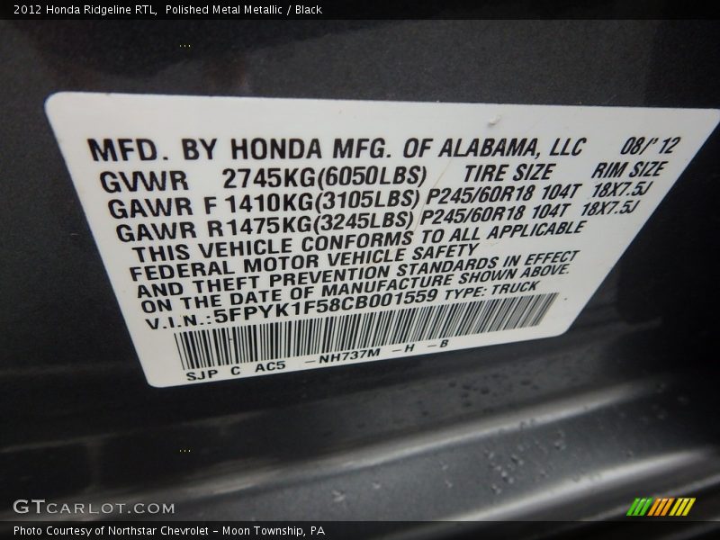 Polished Metal Metallic / Black 2012 Honda Ridgeline RTL