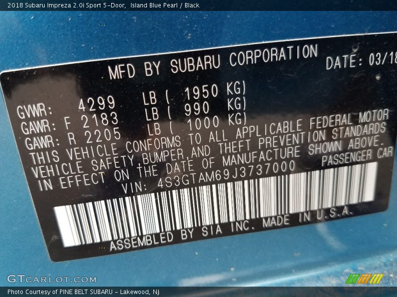 Island Blue Pearl / Black 2018 Subaru Impreza 2.0i Sport 5-Door