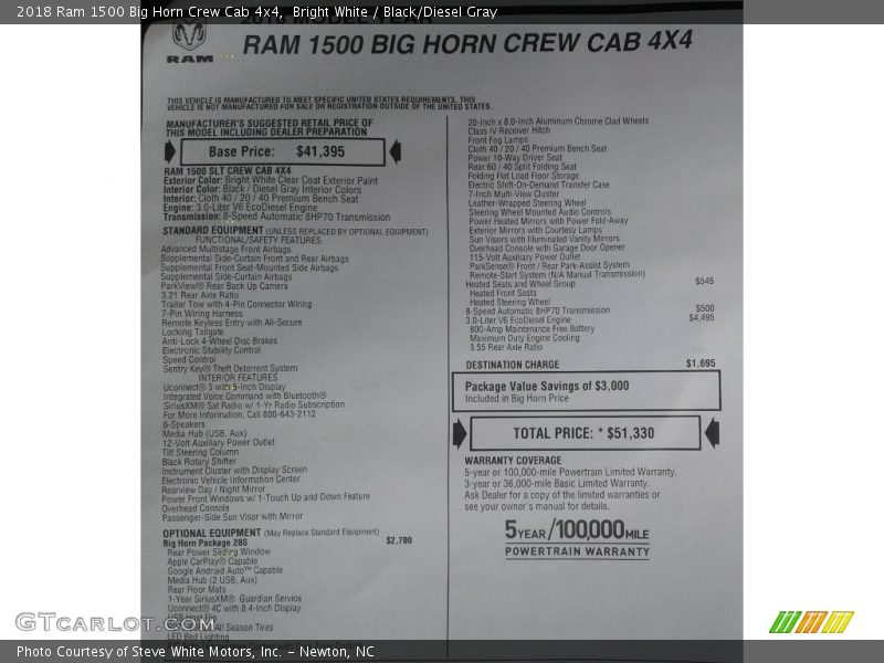 Bright White / Black/Diesel Gray 2018 Ram 1500 Big Horn Crew Cab 4x4