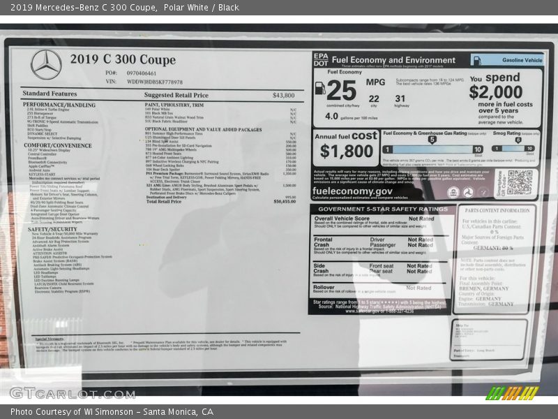  2019 C 300 Coupe Window Sticker