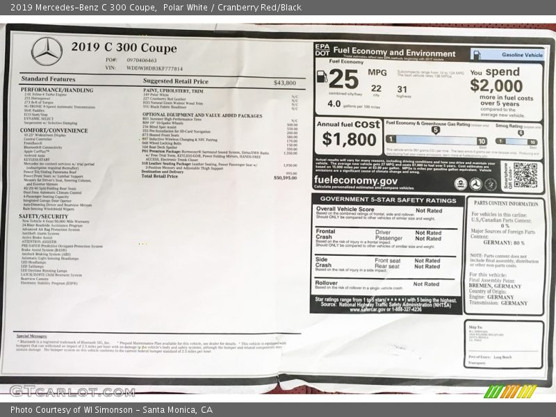  2019 C 300 Coupe Window Sticker