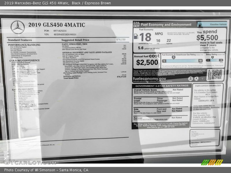  2019 GLS 450 4Matic Window Sticker