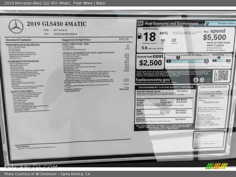  2019 GLS 450 4Matic Window Sticker