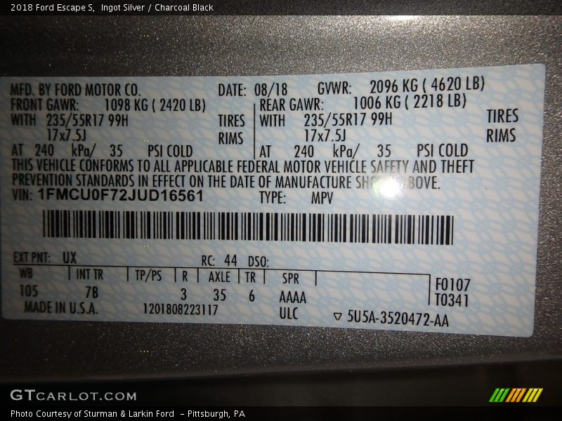 Ingot Silver / Charcoal Black 2018 Ford Escape S