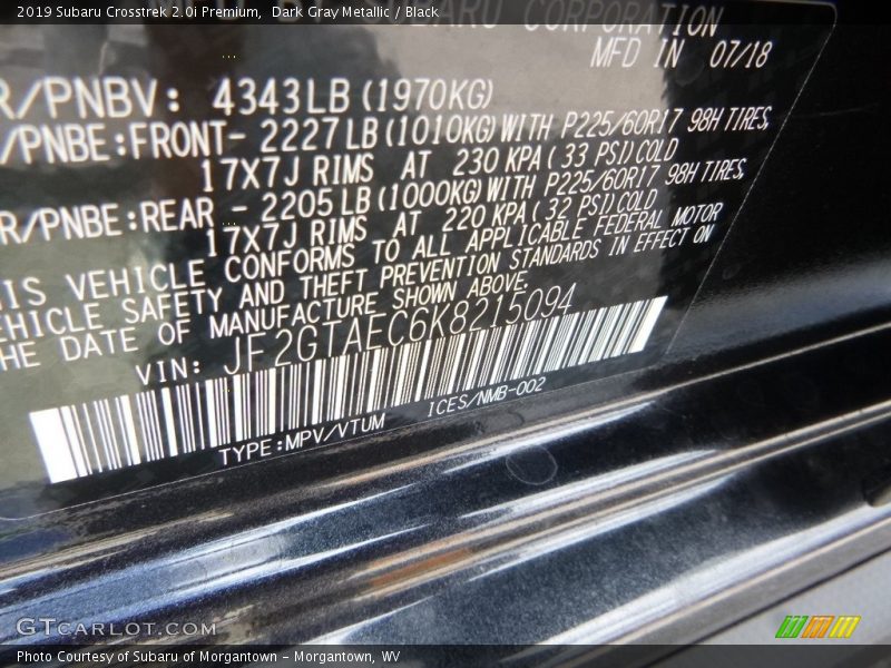 Dark Gray Metallic / Black 2019 Subaru Crosstrek 2.0i Premium