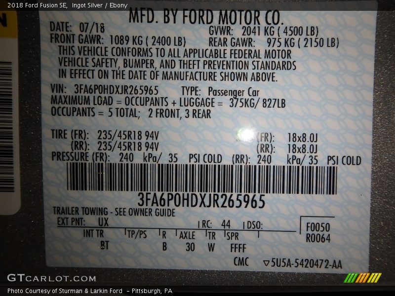 Ingot Silver / Ebony 2018 Ford Fusion SE