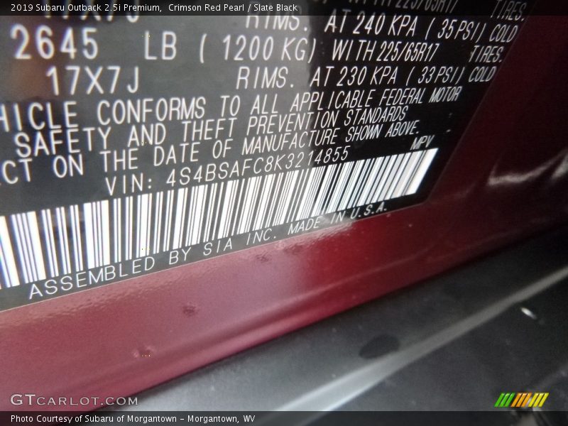 Crimson Red Pearl / Slate Black 2019 Subaru Outback 2.5i Premium