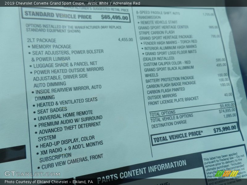 Arctic White / Adrenaline Red 2019 Chevrolet Corvette Grand Sport Coupe