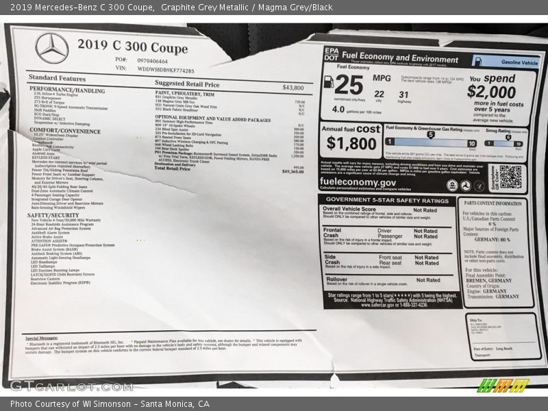  2019 C 300 Coupe Window Sticker