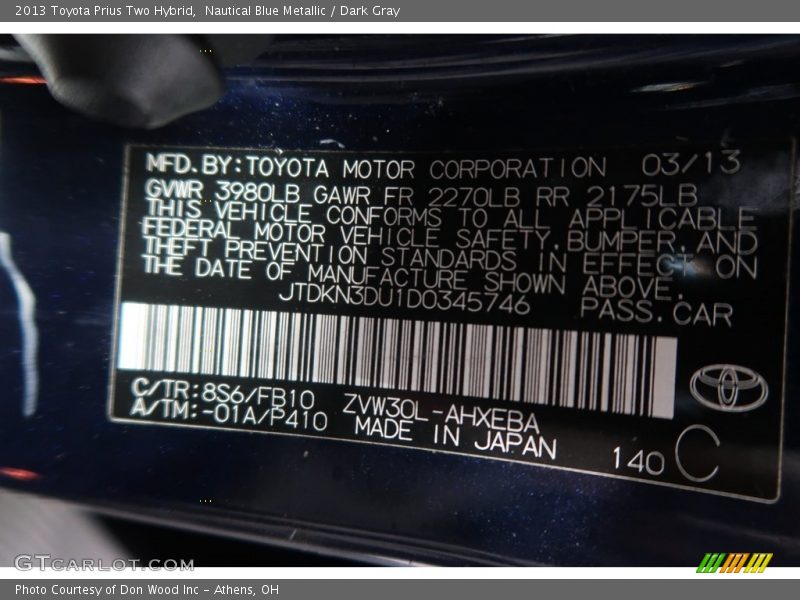 Nautical Blue Metallic / Dark Gray 2013 Toyota Prius Two Hybrid
