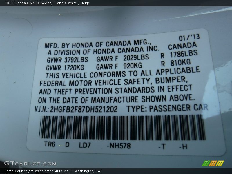 Taffeta White / Beige 2013 Honda Civic EX Sedan