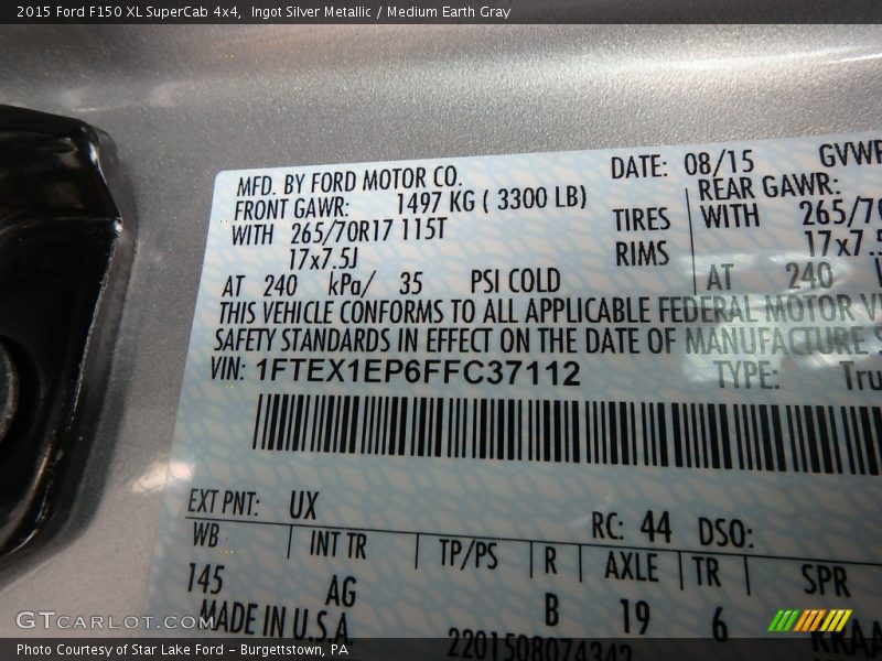 Ingot Silver Metallic / Medium Earth Gray 2015 Ford F150 XL SuperCab 4x4