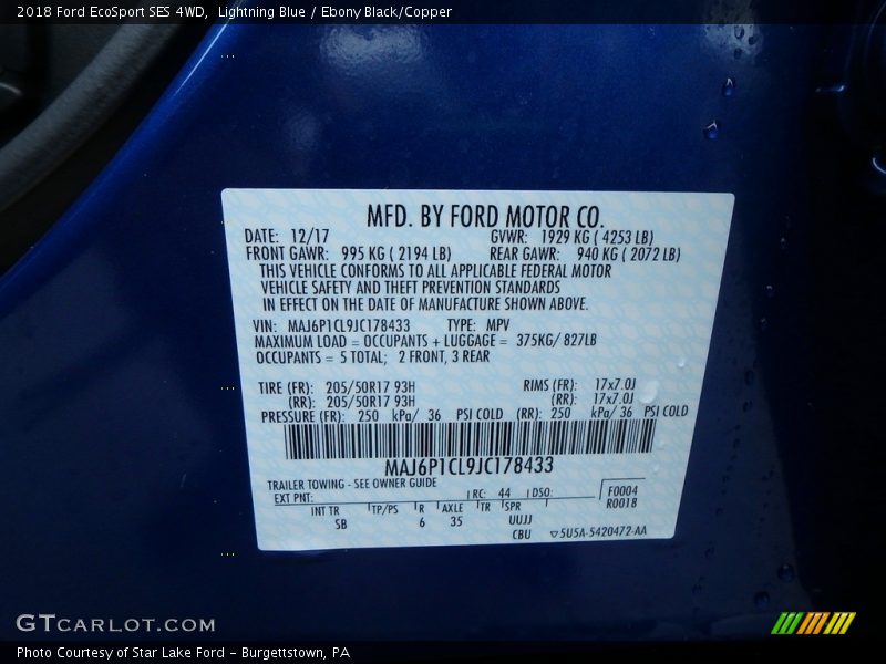 Lightning Blue / Ebony Black/Copper 2018 Ford EcoSport SES 4WD