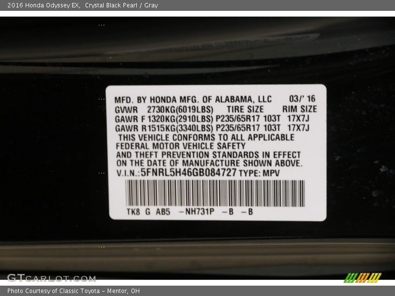 Crystal Black Pearl / Gray 2016 Honda Odyssey EX