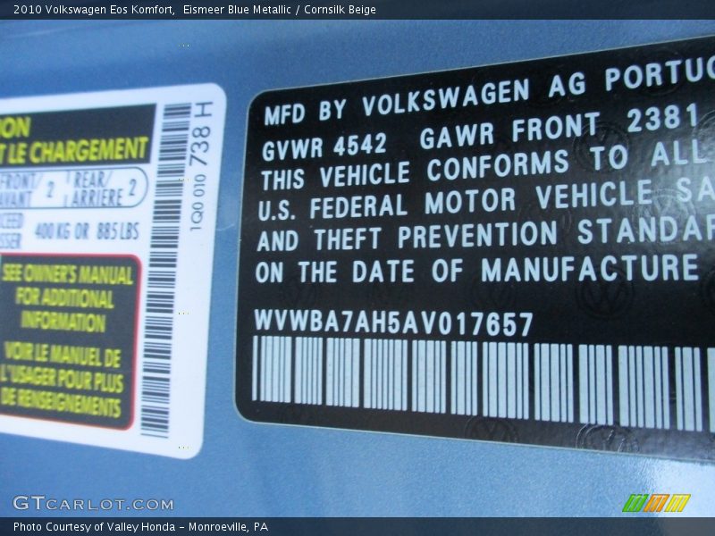 Eismeer Blue Metallic / Cornsilk Beige 2010 Volkswagen Eos Komfort