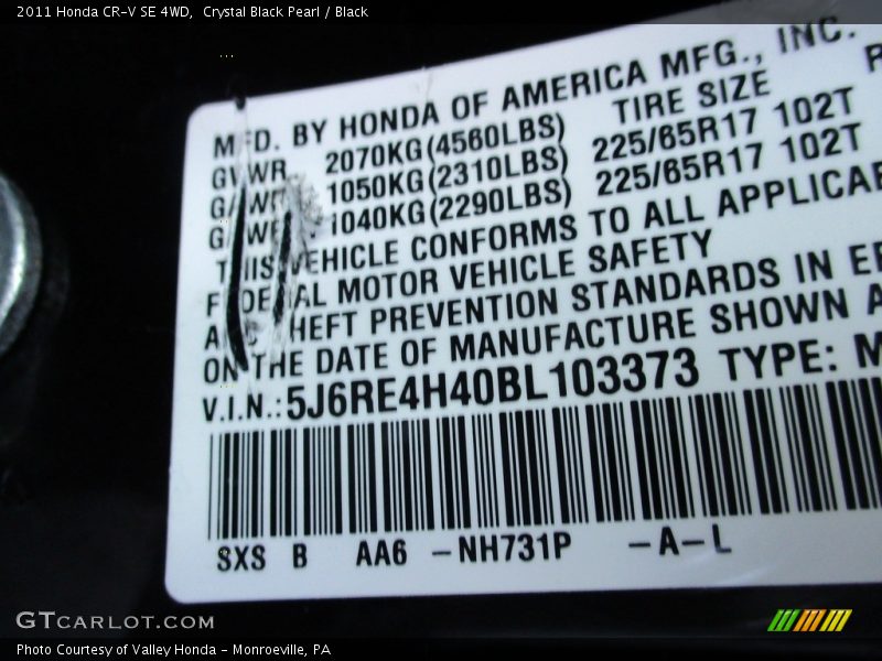 Crystal Black Pearl / Black 2011 Honda CR-V SE 4WD