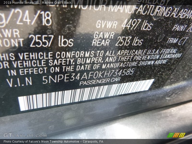 Machine Gray / Black 2019 Hyundai Sonata SEL