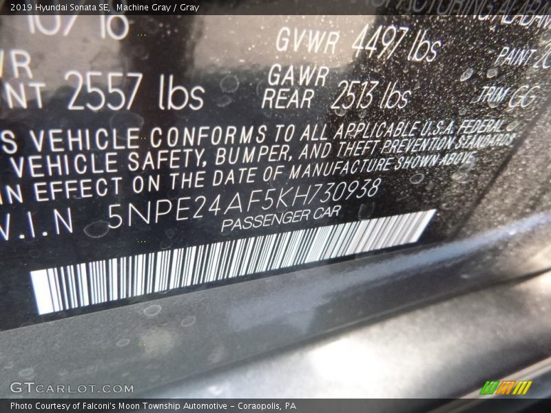 Machine Gray / Gray 2019 Hyundai Sonata SE