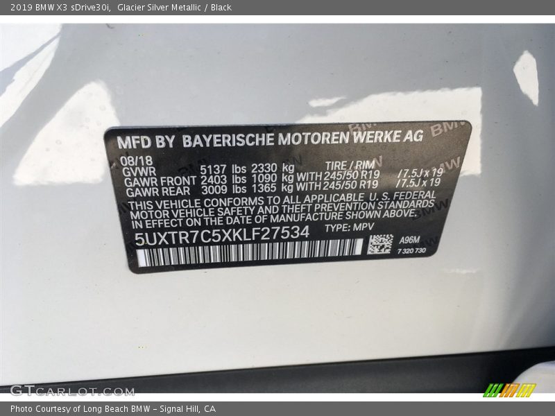 Glacier Silver Metallic / Black 2019 BMW X3 sDrive30i