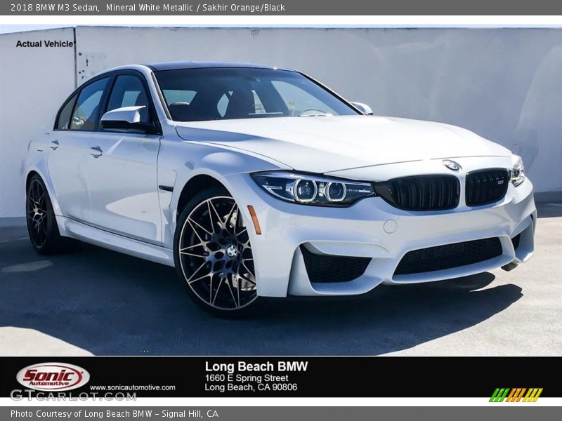 Mineral White Metallic / Sakhir Orange/Black 2018 BMW M3 Sedan