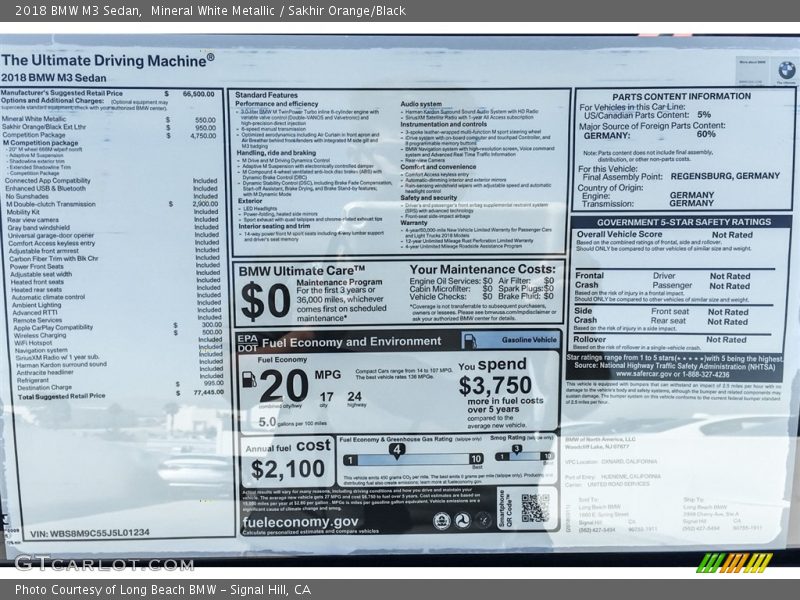 Mineral White Metallic / Sakhir Orange/Black 2018 BMW M3 Sedan