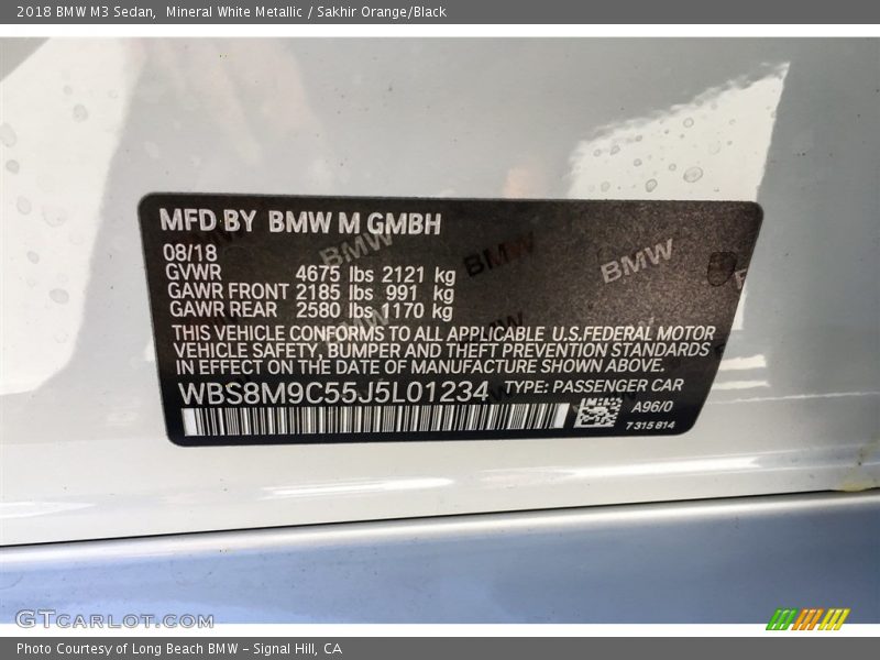 Mineral White Metallic / Sakhir Orange/Black 2018 BMW M3 Sedan