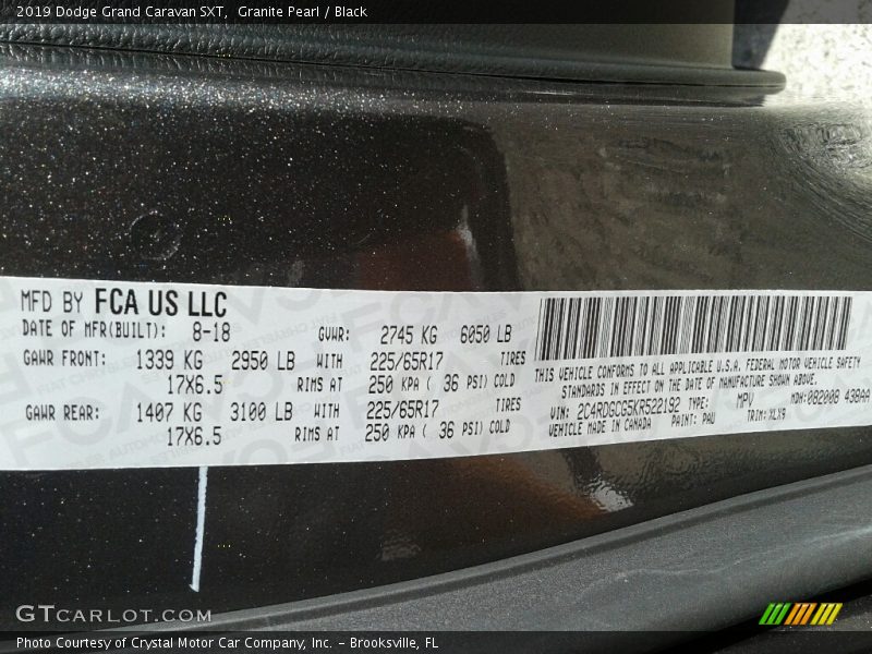 Granite Pearl / Black 2019 Dodge Grand Caravan SXT