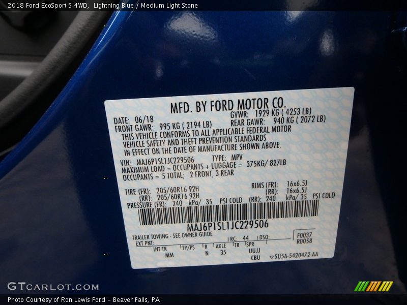 Lightning Blue / Medium Light Stone 2018 Ford EcoSport S 4WD