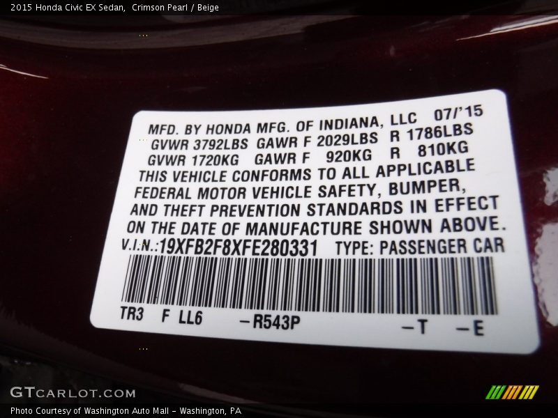Crimson Pearl / Beige 2015 Honda Civic EX Sedan