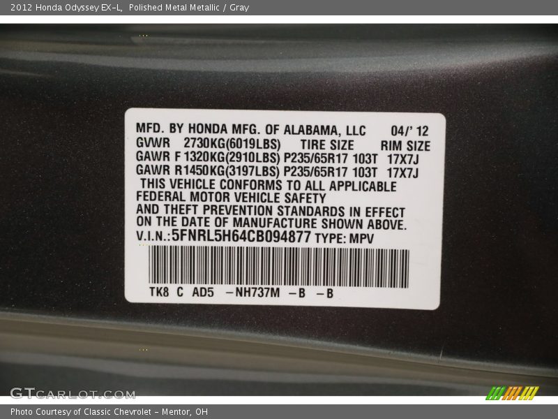 Polished Metal Metallic / Gray 2012 Honda Odyssey EX-L