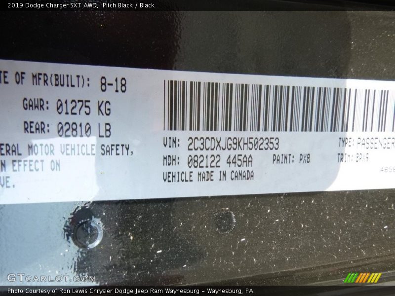 2019 Charger SXT AWD Pitch Black Color Code PX8