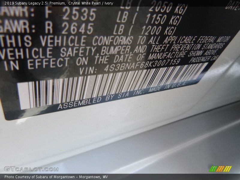 Crystal White Pearl / Ivory 2019 Subaru Legacy 2.5i Premium