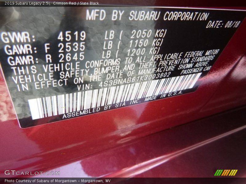 Crimson Red / Slate Black 2019 Subaru Legacy 2.5i