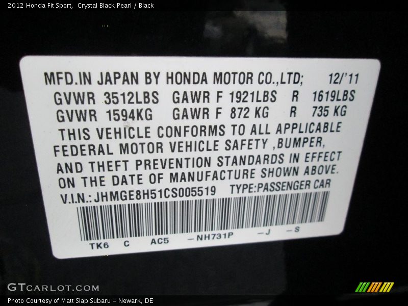 Crystal Black Pearl / Black 2012 Honda Fit Sport