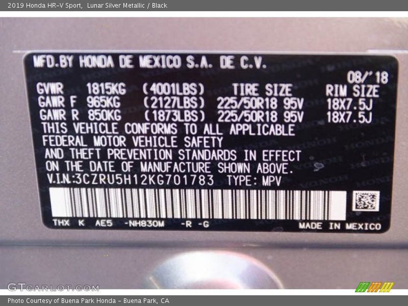 2019 HR-V Sport Lunar Silver Metallic Color Code NH830M