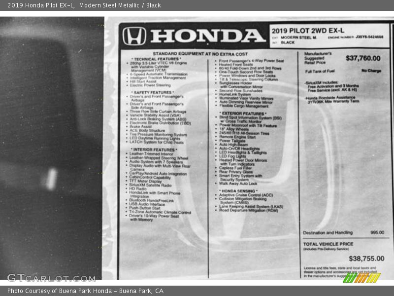 Modern Steel Metallic / Black 2019 Honda Pilot EX-L