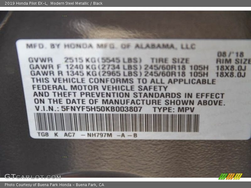 Modern Steel Metallic / Black 2019 Honda Pilot EX-L