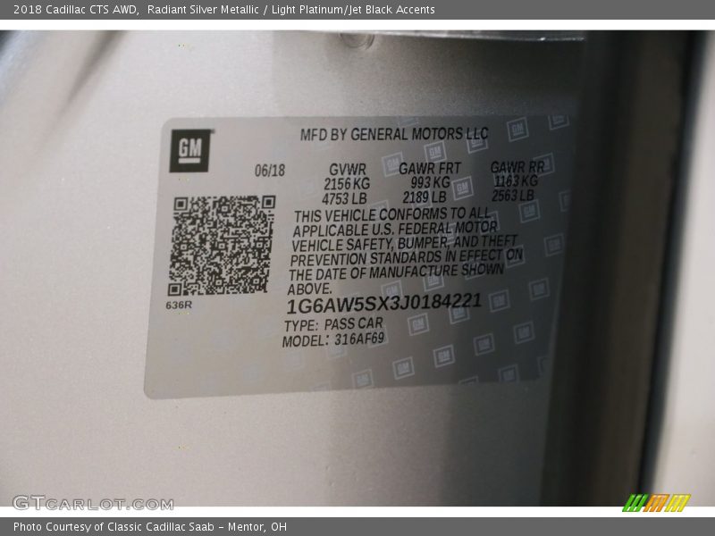 Radiant Silver Metallic / Light Platinum/Jet Black Accents 2018 Cadillac CTS AWD