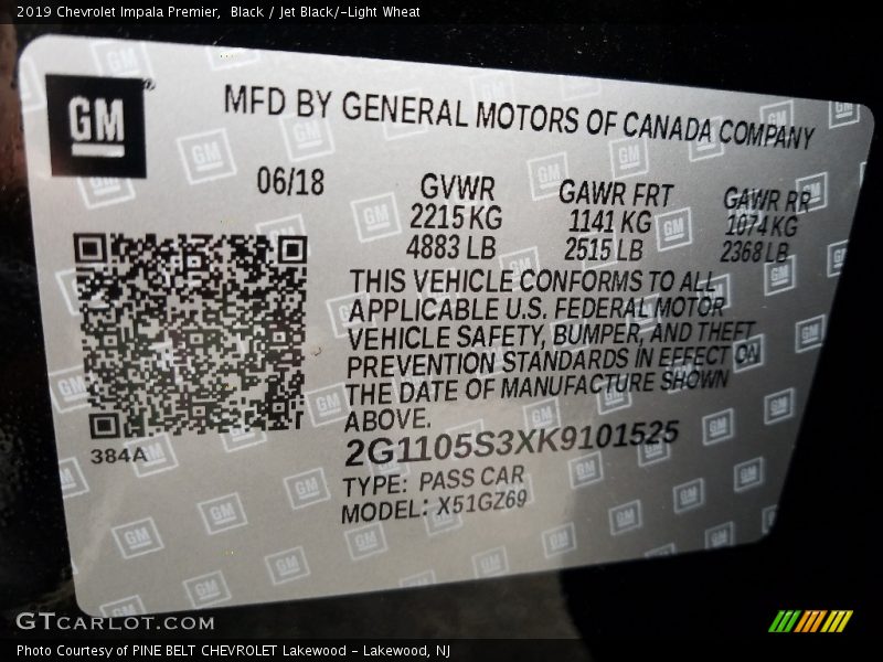 Black / Jet Black/­Light Wheat 2019 Chevrolet Impala Premier