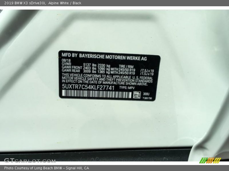 Alpine White / Black 2019 BMW X3 sDrive30i