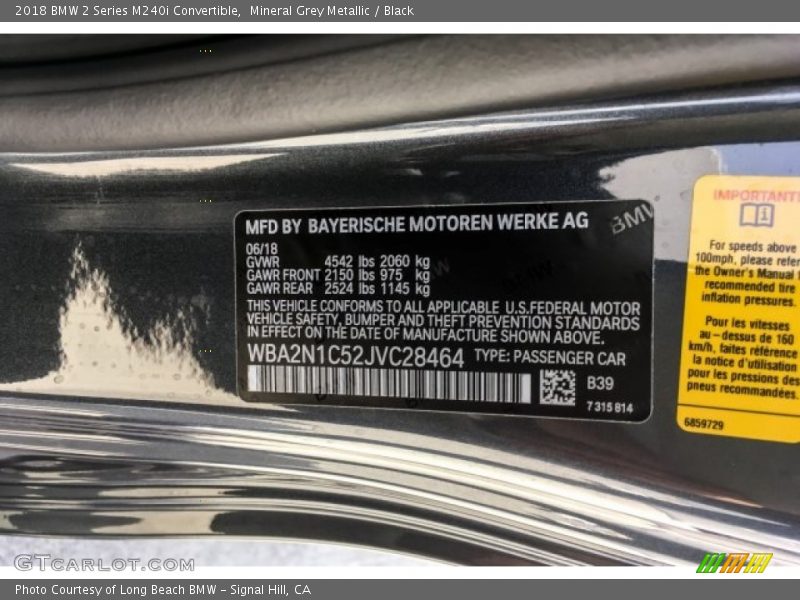 Mineral Grey Metallic / Black 2018 BMW 2 Series M240i Convertible