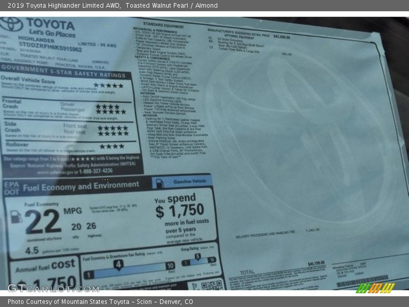  2019 Highlander Limited AWD Window Sticker