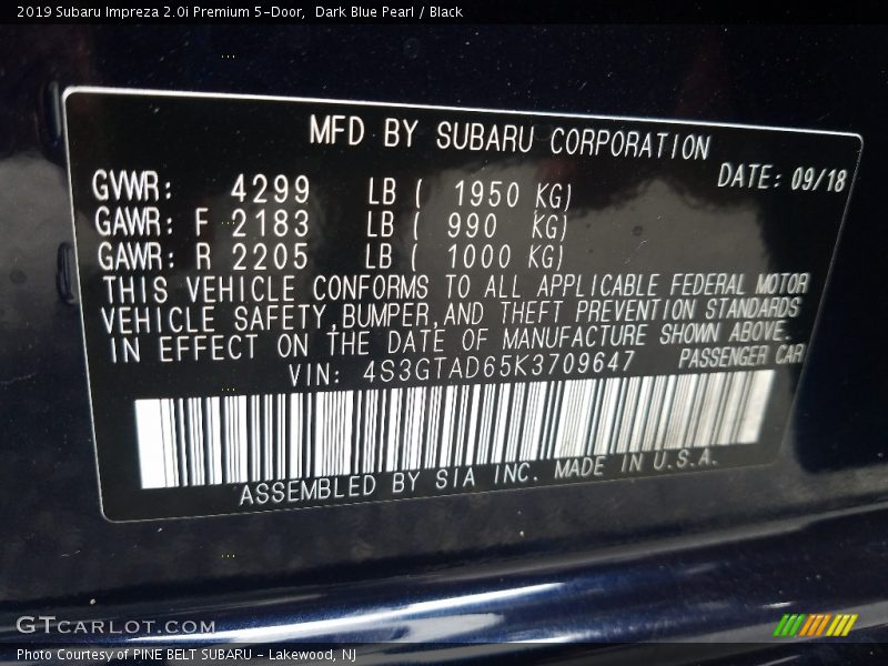 Dark Blue Pearl / Black 2019 Subaru Impreza 2.0i Premium 5-Door