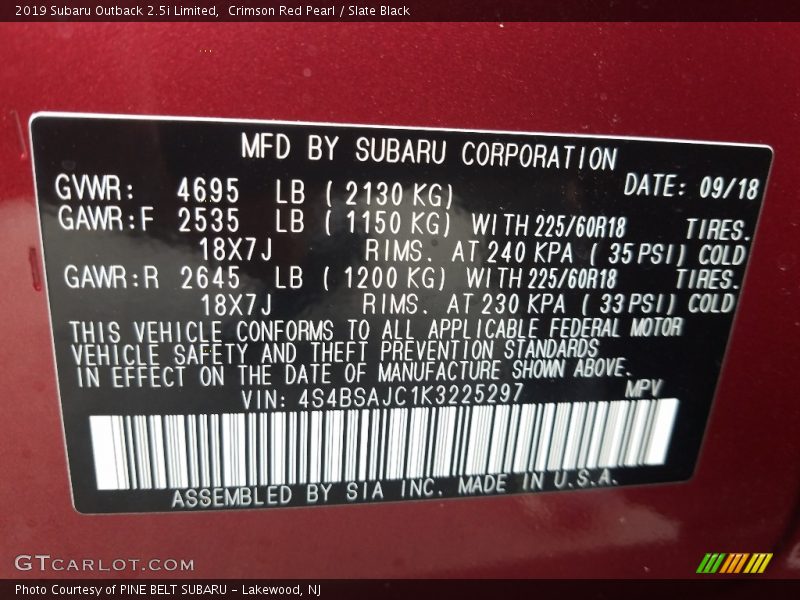 Crimson Red Pearl / Slate Black 2019 Subaru Outback 2.5i Limited