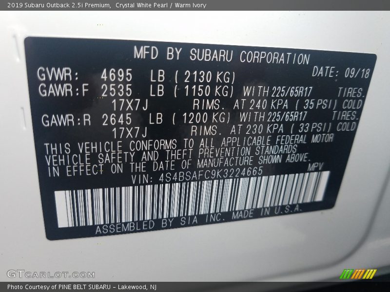 Crystal White Pearl / Warm Ivory 2019 Subaru Outback 2.5i Premium