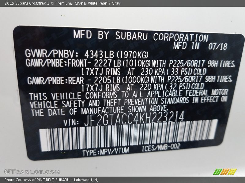 Crystal White Pearl / Gray 2019 Subaru Crosstrek 2.0i Premium
